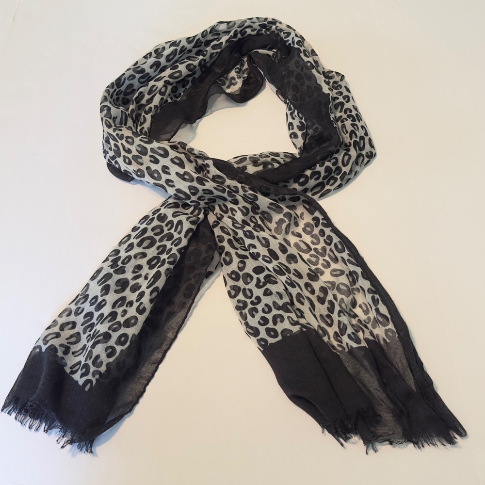 Torino Grey Black Leopard Print Lightweight Scarf Frayed Edge Animal Safari